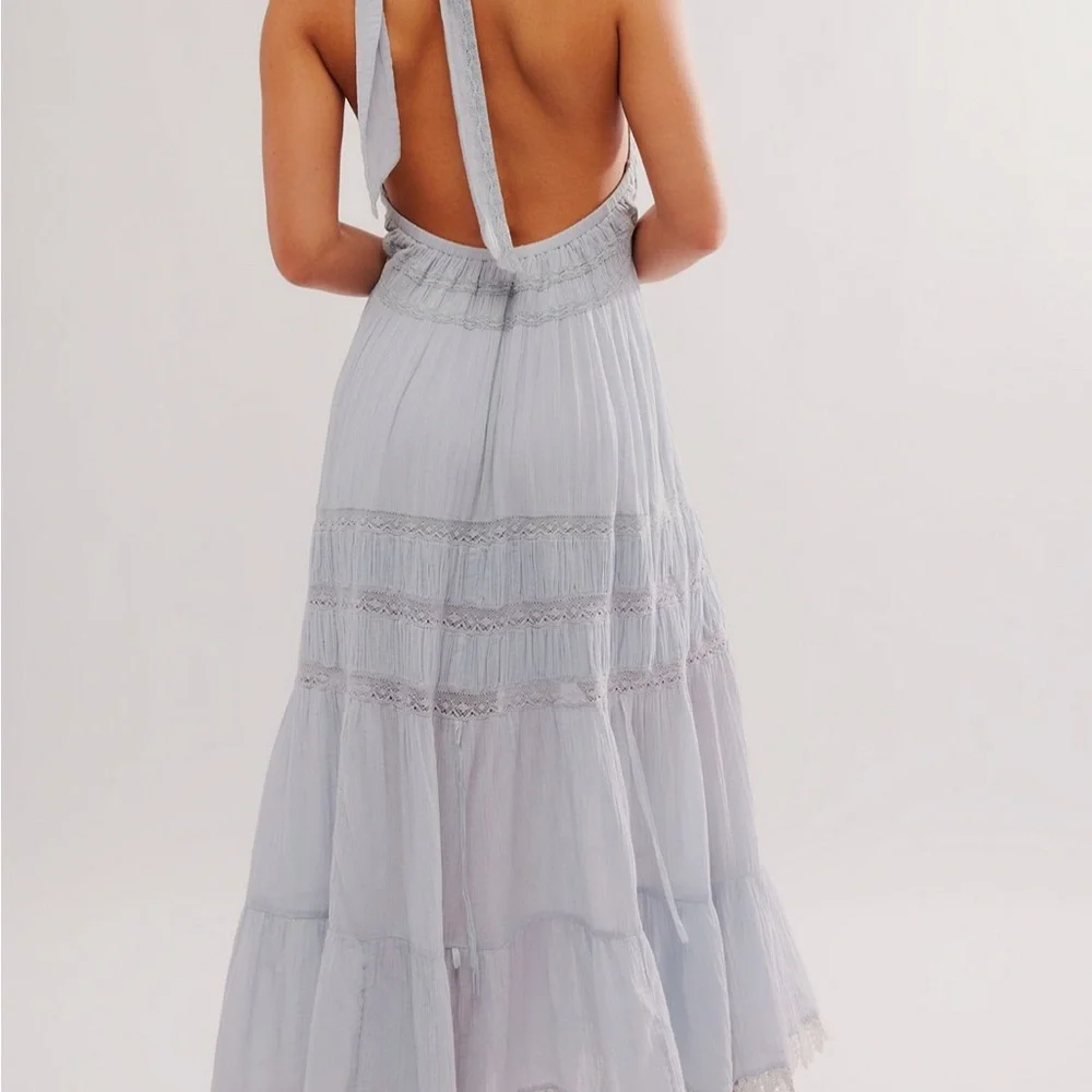 NWT Free People Sunflower Afternoon Bustle Midi Dress Medium Blue Halter - Picture 8 of 9